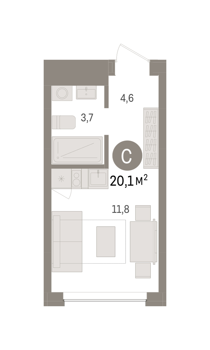 Планировка: Студия 20.1 м² в ЖК Дом у озера, Европейский
