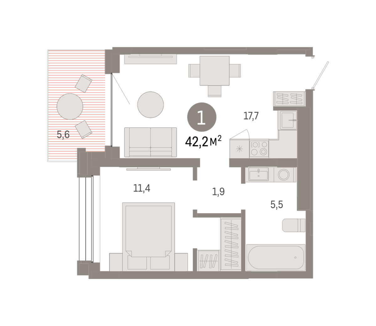 Планировка: Евродвушка 42.1 м² в ЖК Дом у озера, Европейский