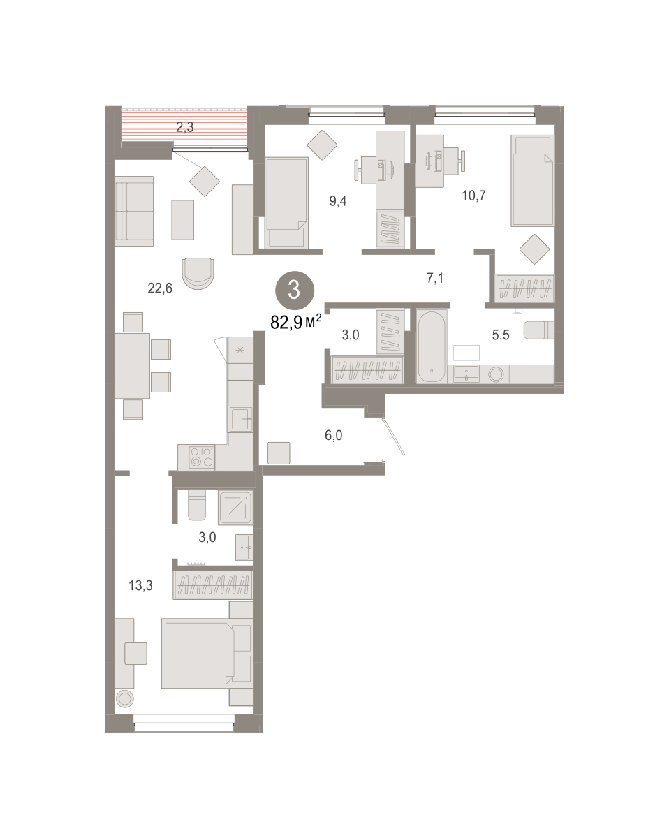 Планировка: 4-комнатная евро 82.9 м² в ЖК Октябрьский на Туре, ДОК