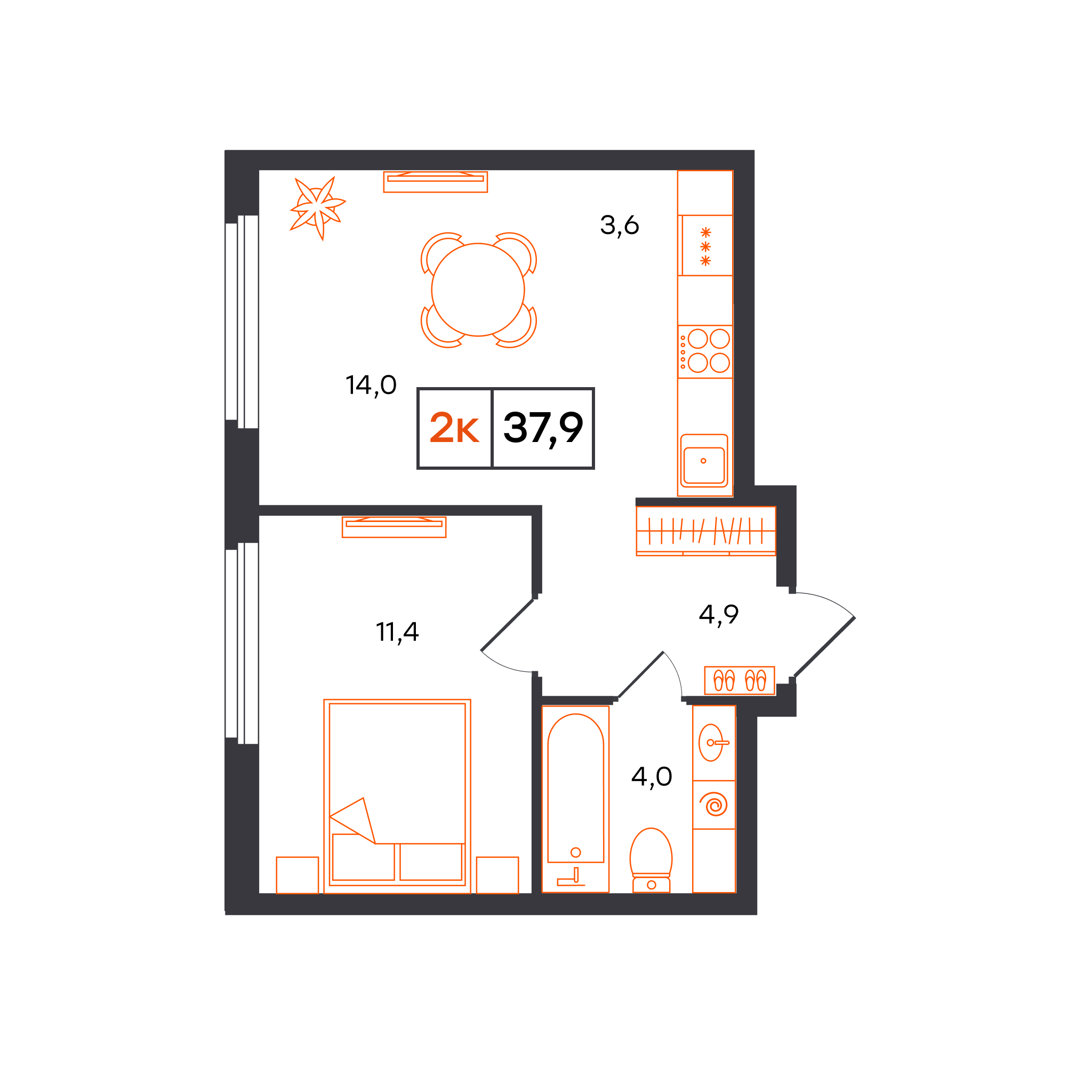 Планировка: Евродвушка 37.9 м² в ЖК Отличие, Комарово Парк