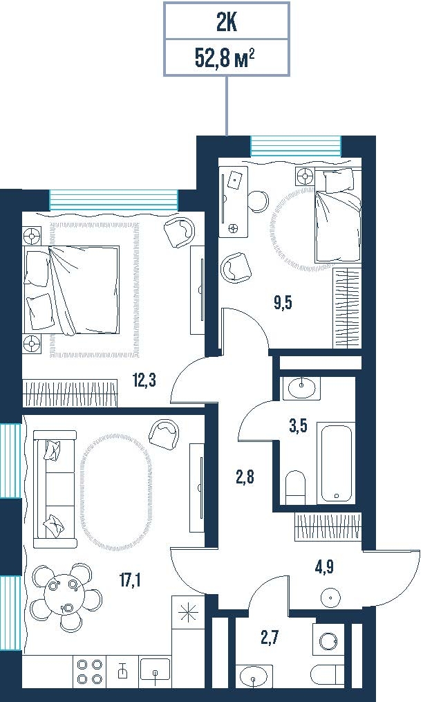 Планировка: Формат уточняется 52.8 м² в ЖК AIRIS, Комарово Парк
