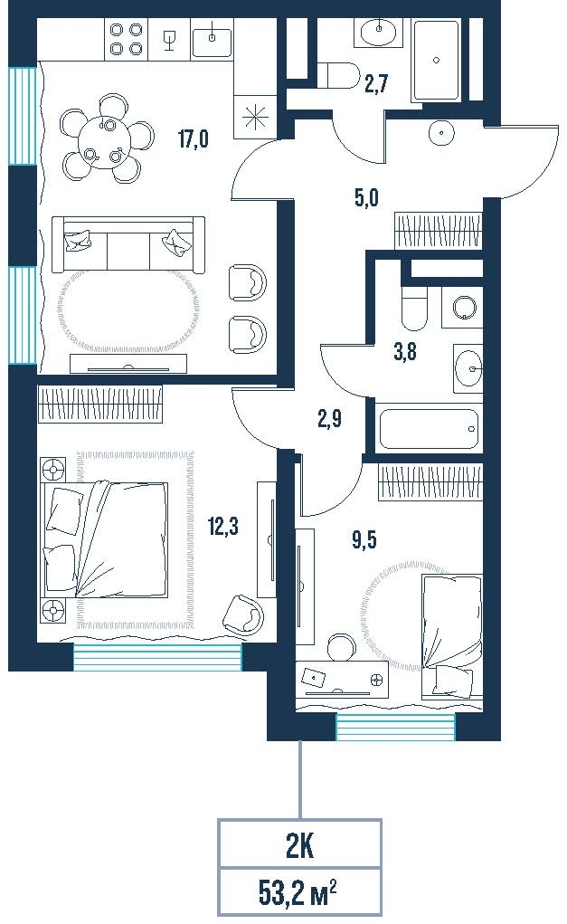 Планировка: Формат уточняется 53.2 м² в ЖК AIRIS, Комарово Парк