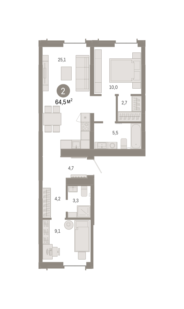 Планировка: Формат уточняется 64.5 м² в ЖК Республики 205, Центр: КПД