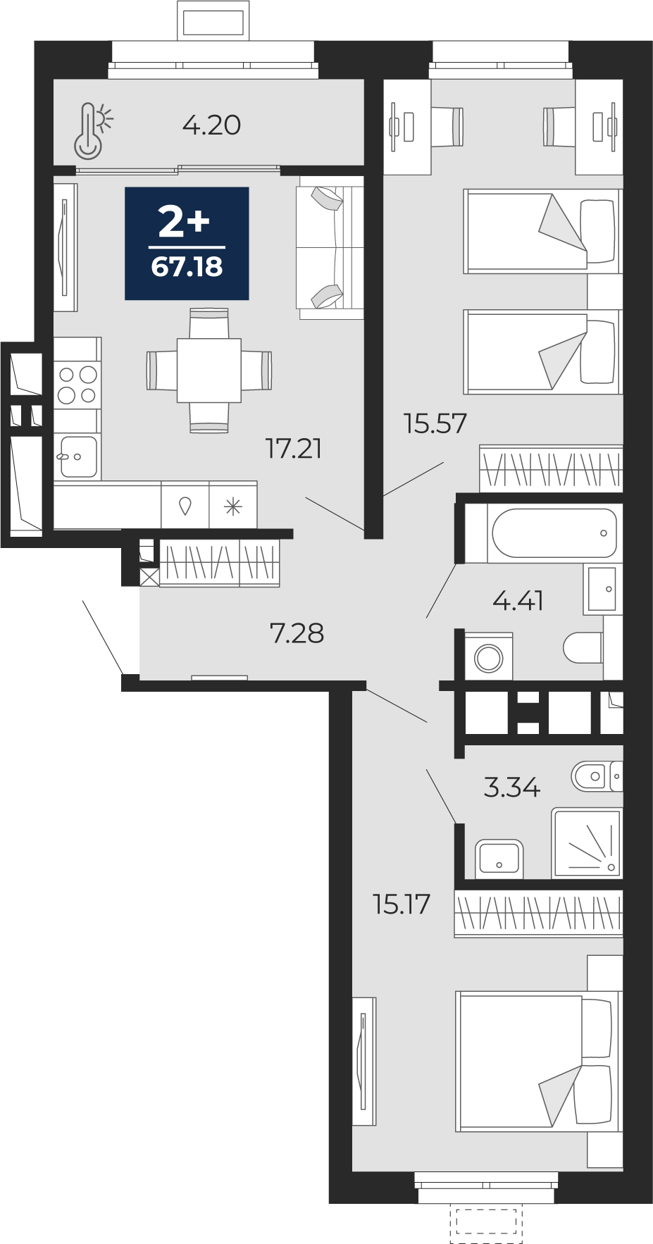Планировка: Евротрешка 67.2 м² в ЖК Беринг, Лесобаза