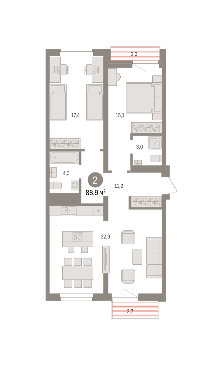 Планировка: 2-комнатная 88.9 м² в ЖК Речной порт, Центр: Дом печати