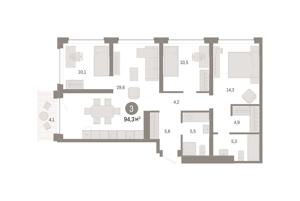 Планировка: 4-комнатная евро 94.3 м² в ЖК Дом у озера, Европейский