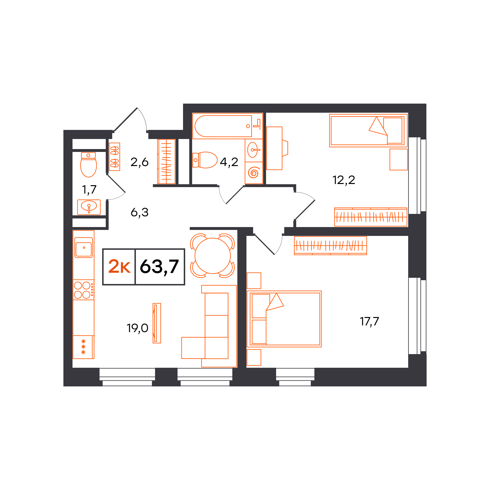 Планировка: Евротрешка 63.7 м² в ЖК Отличие, Комарово Парк