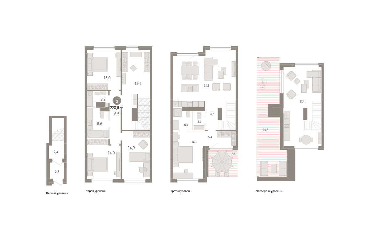 Планировка: 5-комнатная евро 220.8 м² в ЖК Дом у озера, Европейский