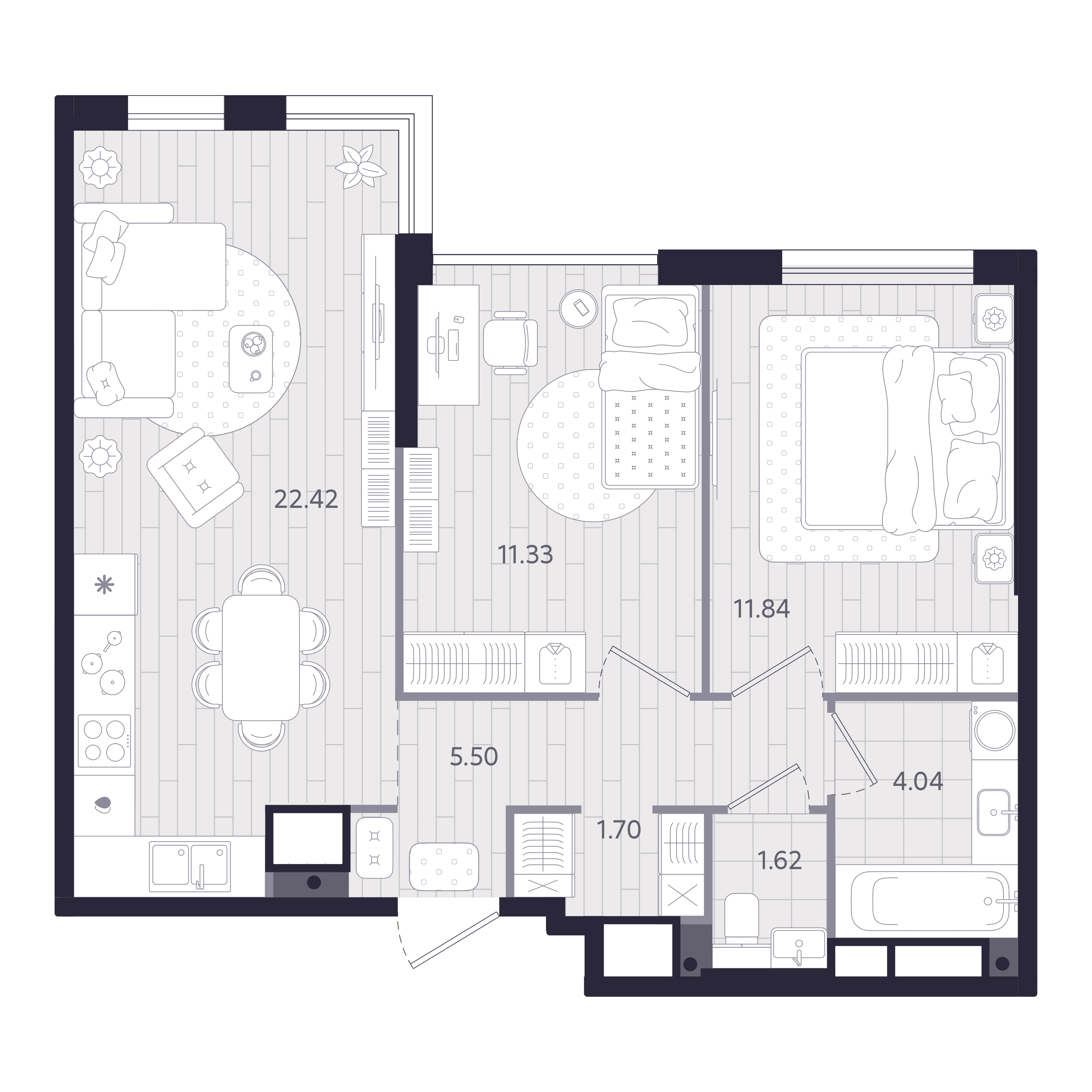 Планировка: 2-комнатная 58.5 м² в ЖК Форсо, Зарека