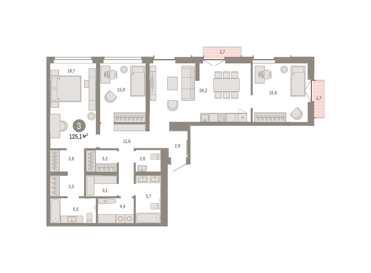 Планировка: 4-комнатная евро 125.1 м² в ЖК Республики 205, Центр: КПД