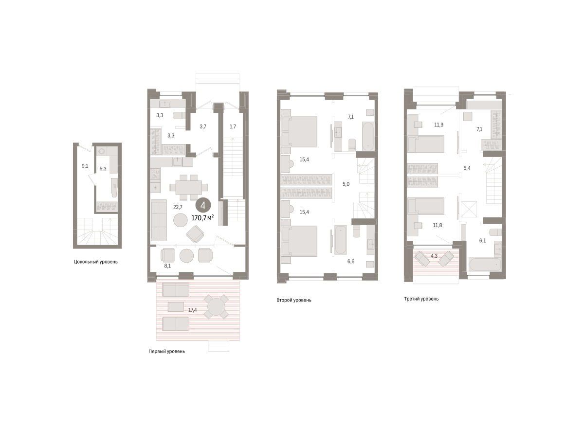Планировка: 5-комнатная евро 170.7 м² в ЖК Дом у озера, Европейский