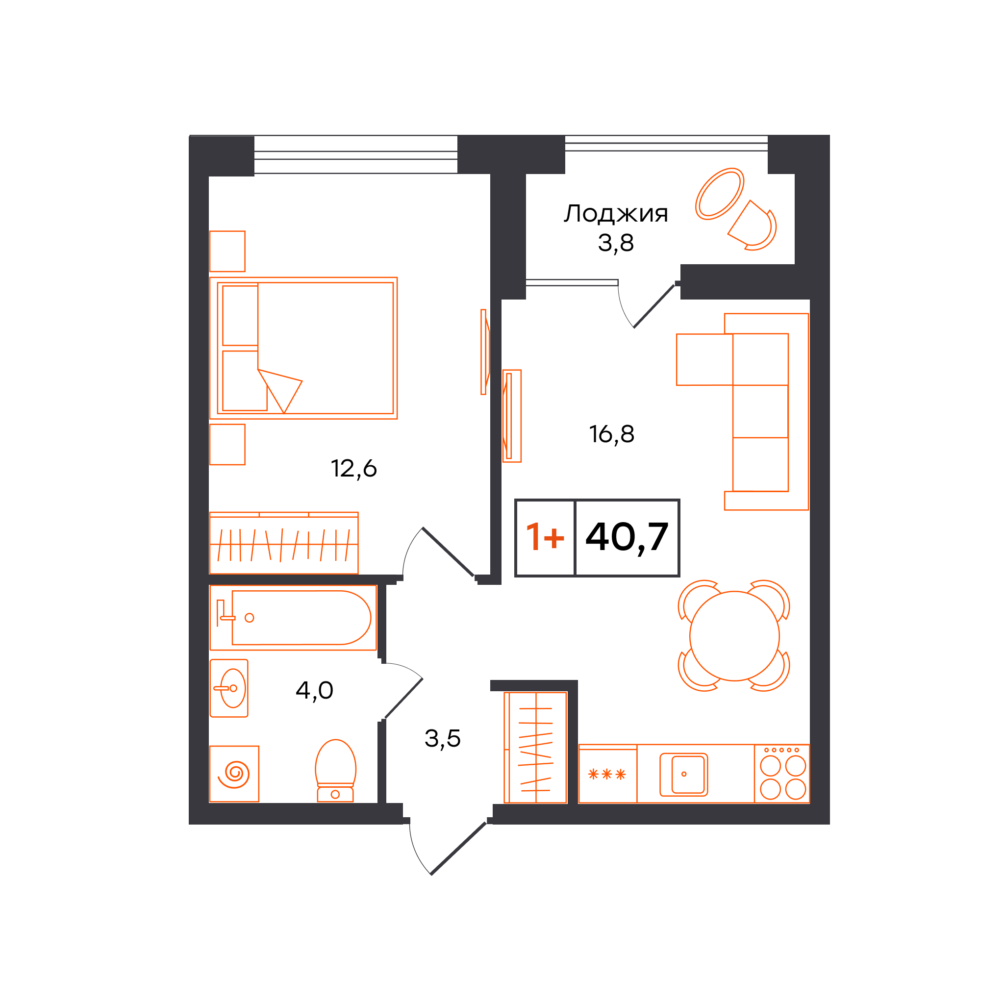 Планировка: Евродвушка 40.7 м² в ЖК Умный квартал UNO, Московский тракт