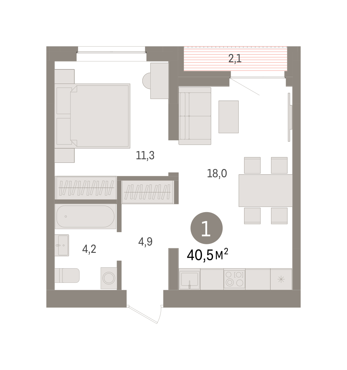 Планировка: Евродвушка 40.5 м² в ЖК Речной порт, Центр: Дом печати