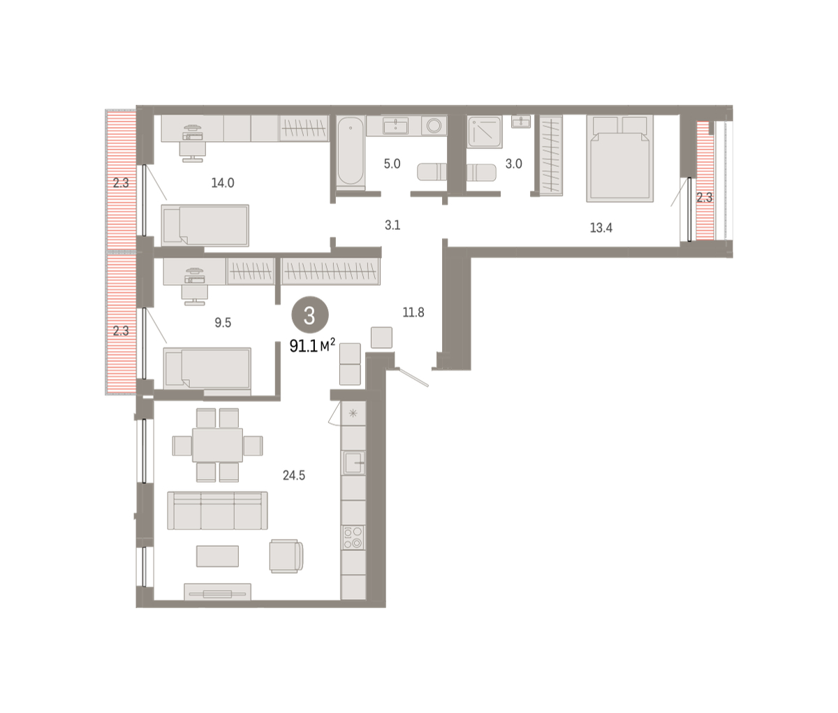 Планировка: 4-комнатная евро 91.1 м² в ЖК Октябрьский на Туре, ДОК