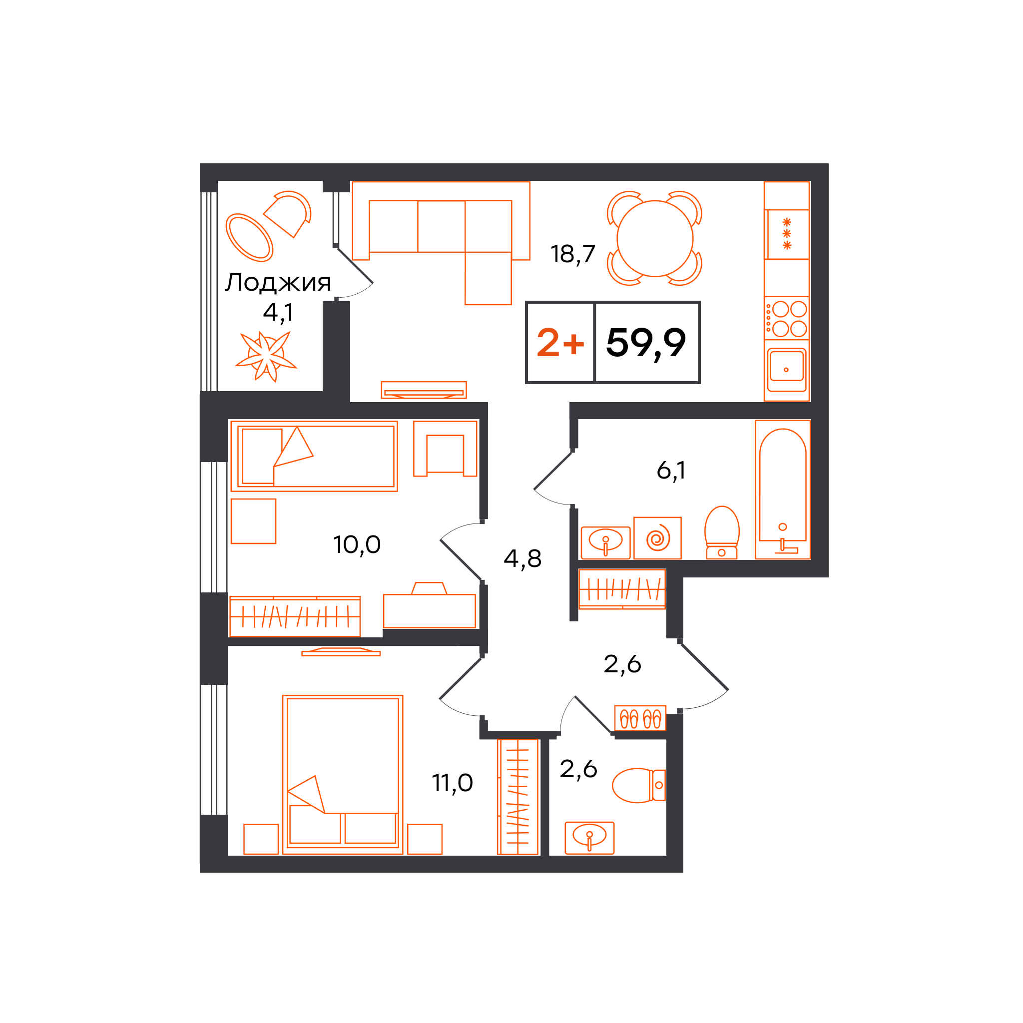 Планировка: Евротрешка 59.9 м² в ЖК Чемпионский, Чемпионский