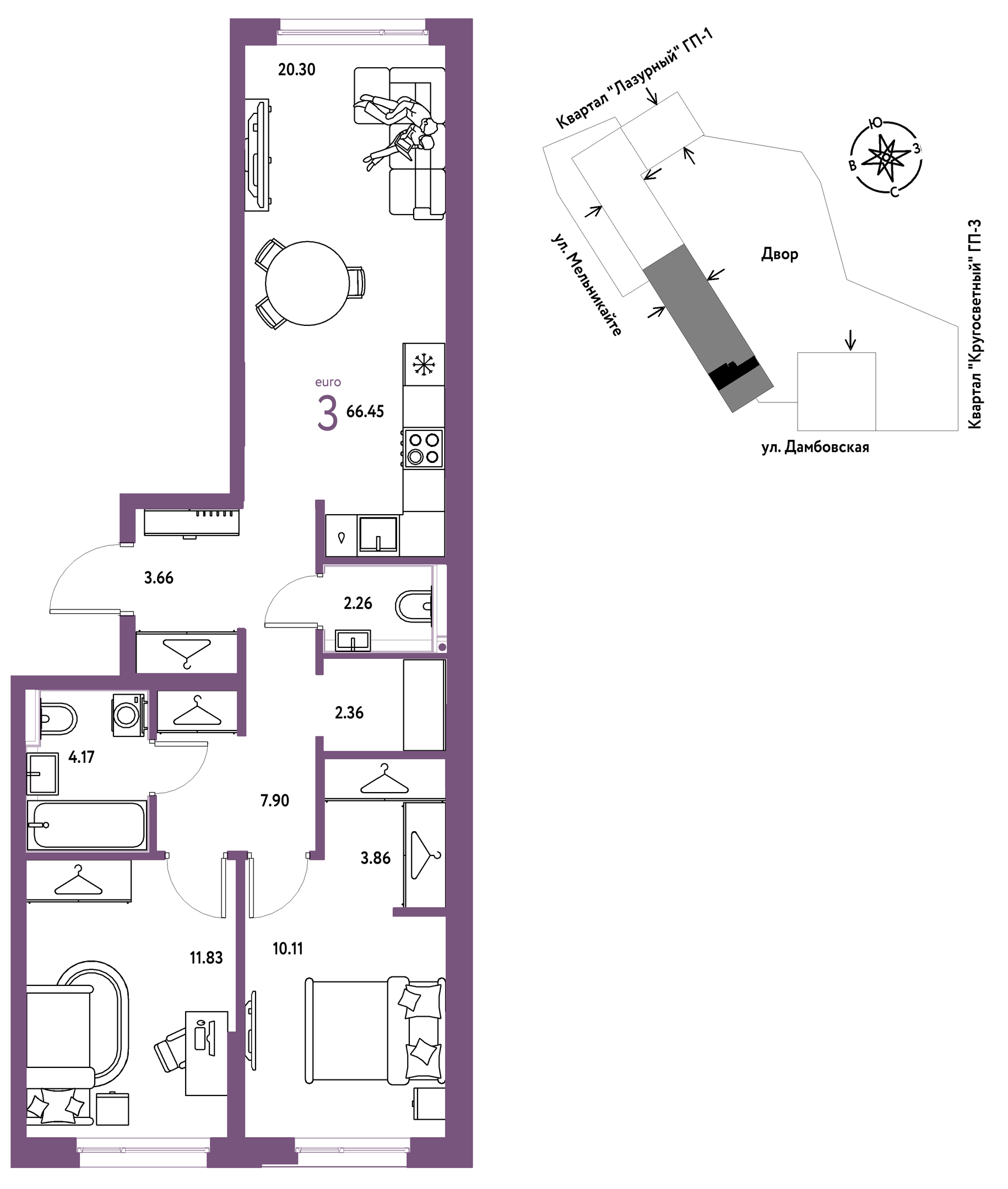 Планировка: Формат уточняется 66.5 м² в ЖК Страна. Прибрежная, Центр: Студгородок