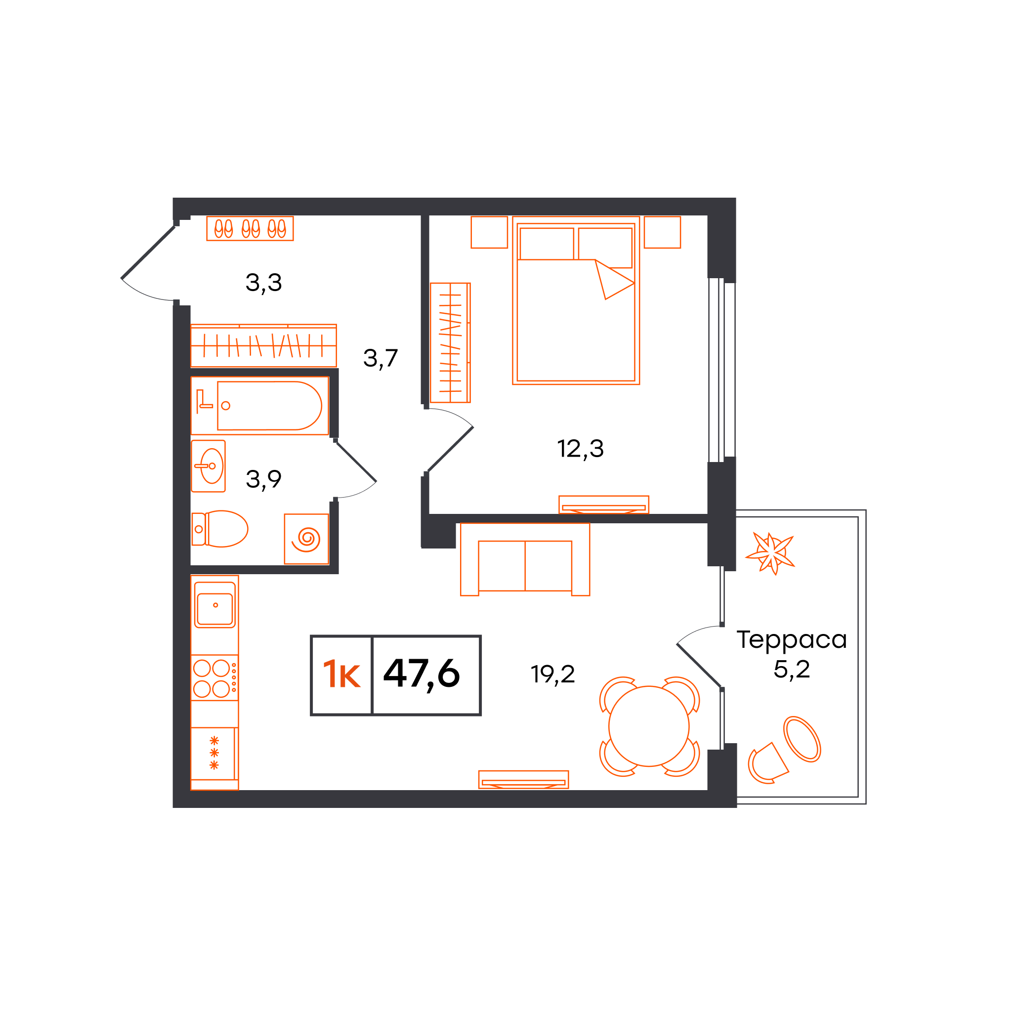 Планировка: Евродвушка 47.6 м² в ЖК Отличие, Комарово Парк