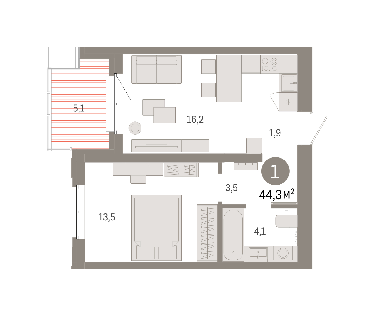 Планировка: 1-комнатная 44.3 м² в ЖК На Минской, Центр: Драмтеатр