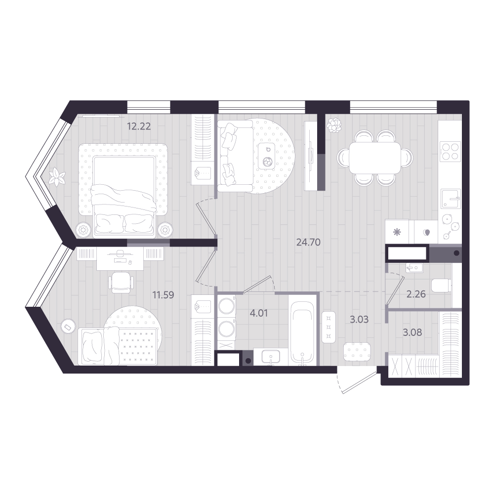 Планировка: Евротрешка 60.9 м² в ЖК Форсо, Зарека