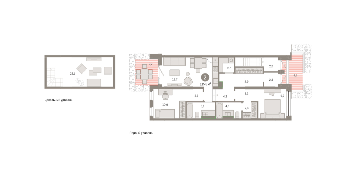 Планировка: Евротрешка 117.6 м² в ЖК Зарека, Заречный