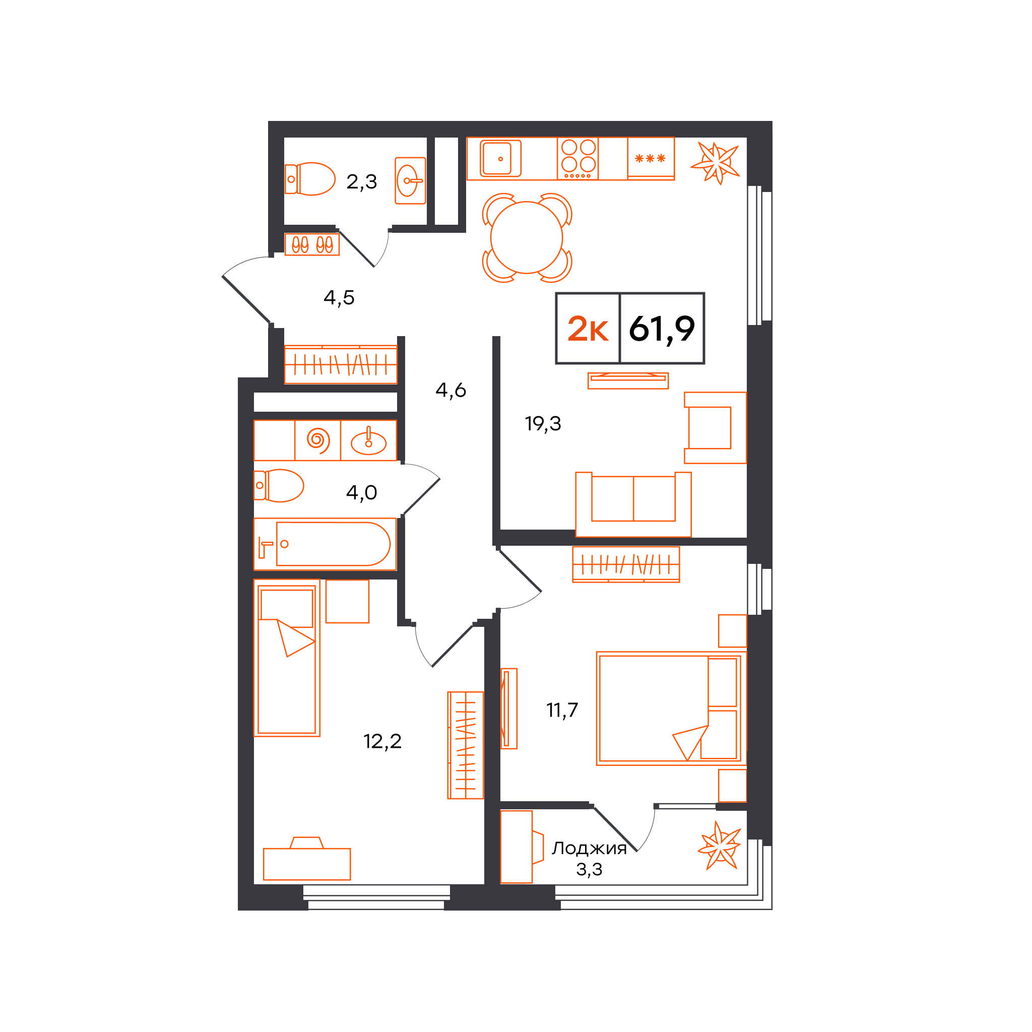 Планировка: Евротрешка 61.9 м² в ЖК Отличие, Комарово Парк