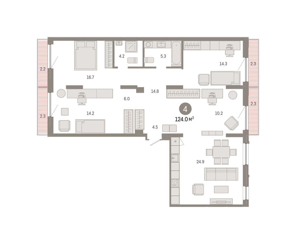 Планировка: 5-комнатная евро 124 м² в ЖК Октябрьский на Туре, ДОК