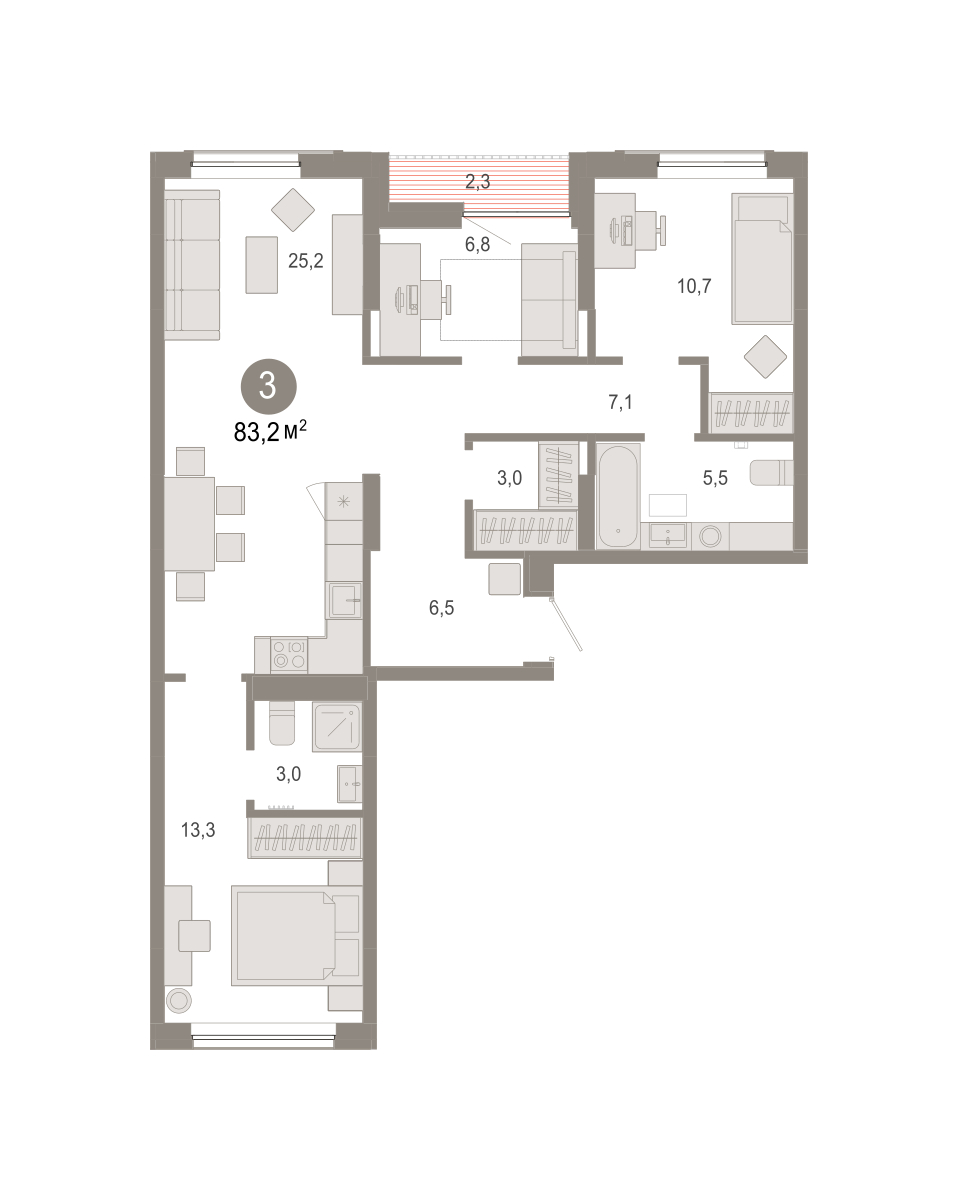Планировка: 4-комнатная евро 83.2 м² в ЖК Октябрьский на Туре, ДОК