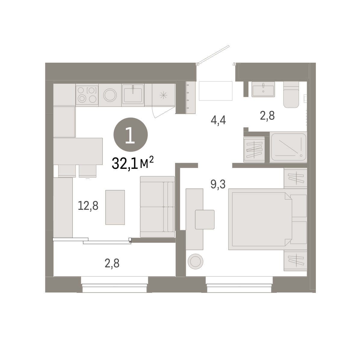 Планировка: 1-комнатная 32.1 м² в ЖК Октябрьский на Туре, ДОК