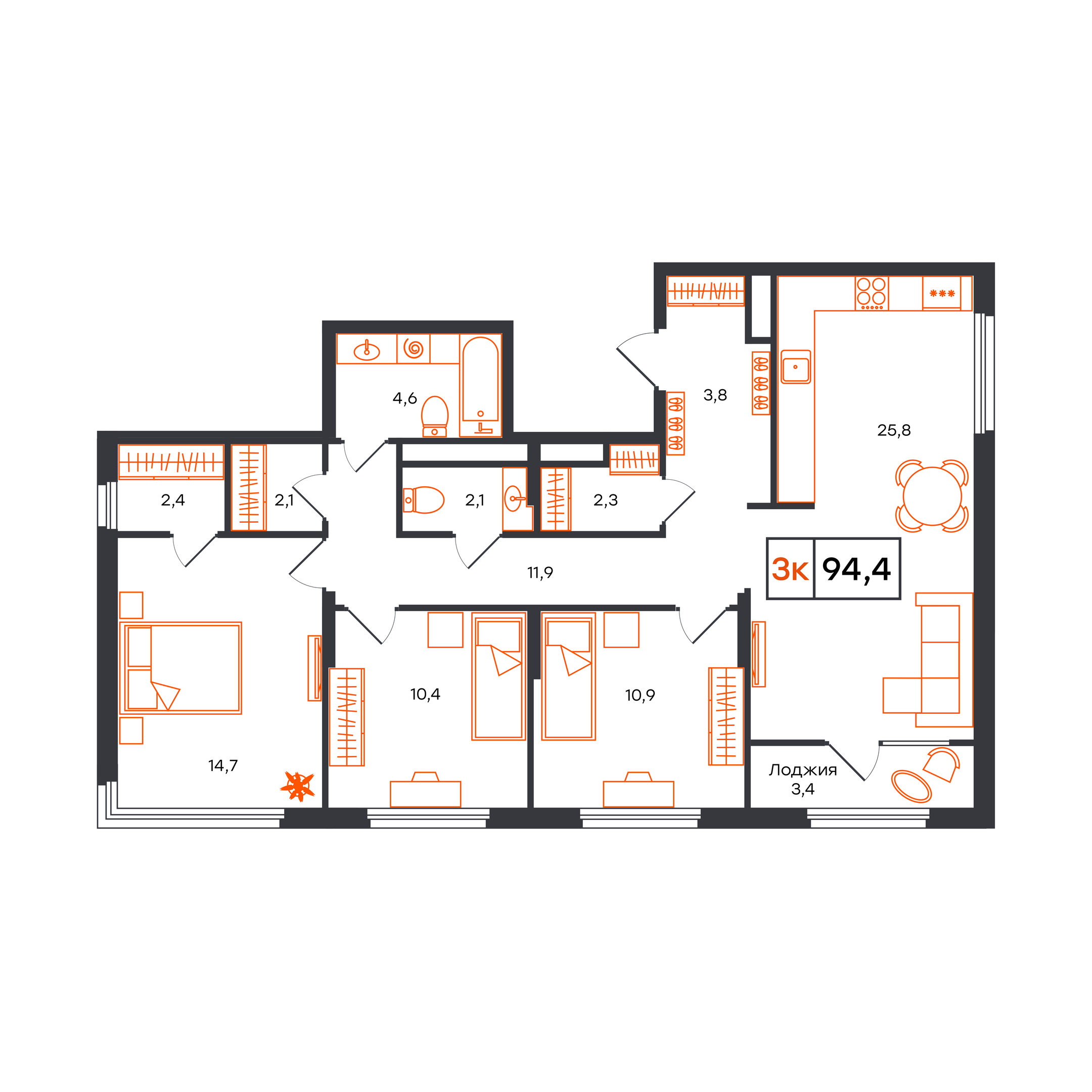 Планировка: 4-комнатная евро 94.4 м² в ЖК Отличие, Комарово Парк
