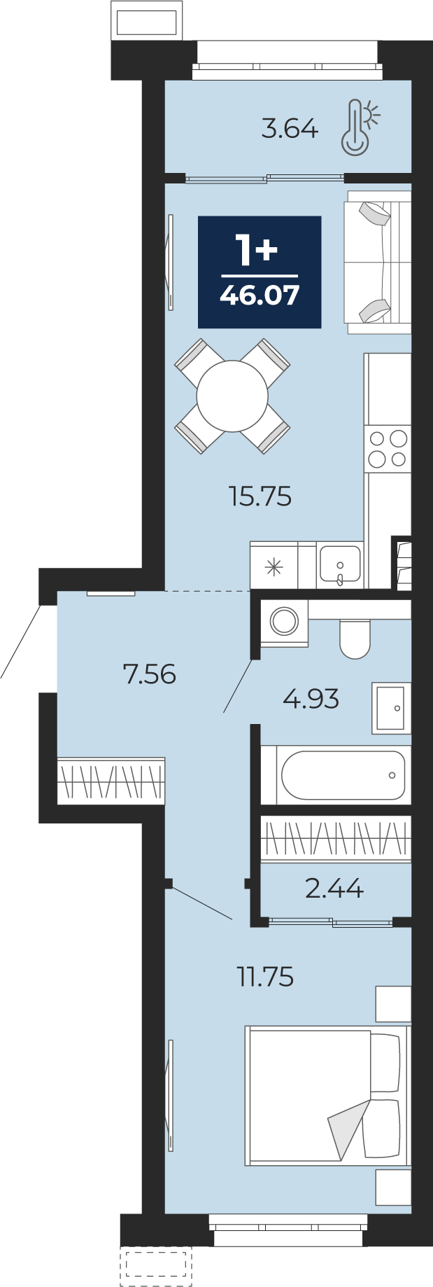 Планировка: Евродвушка 46.1 м² в ЖК Беринг, Лесобаза