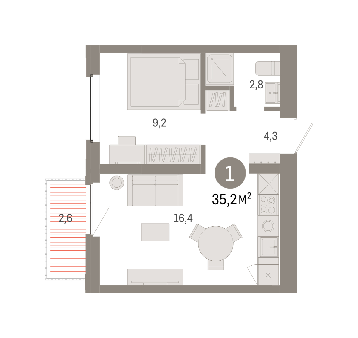 Планировка: Евродвушка 35.2 м² в ЖК Зарека, Заречный