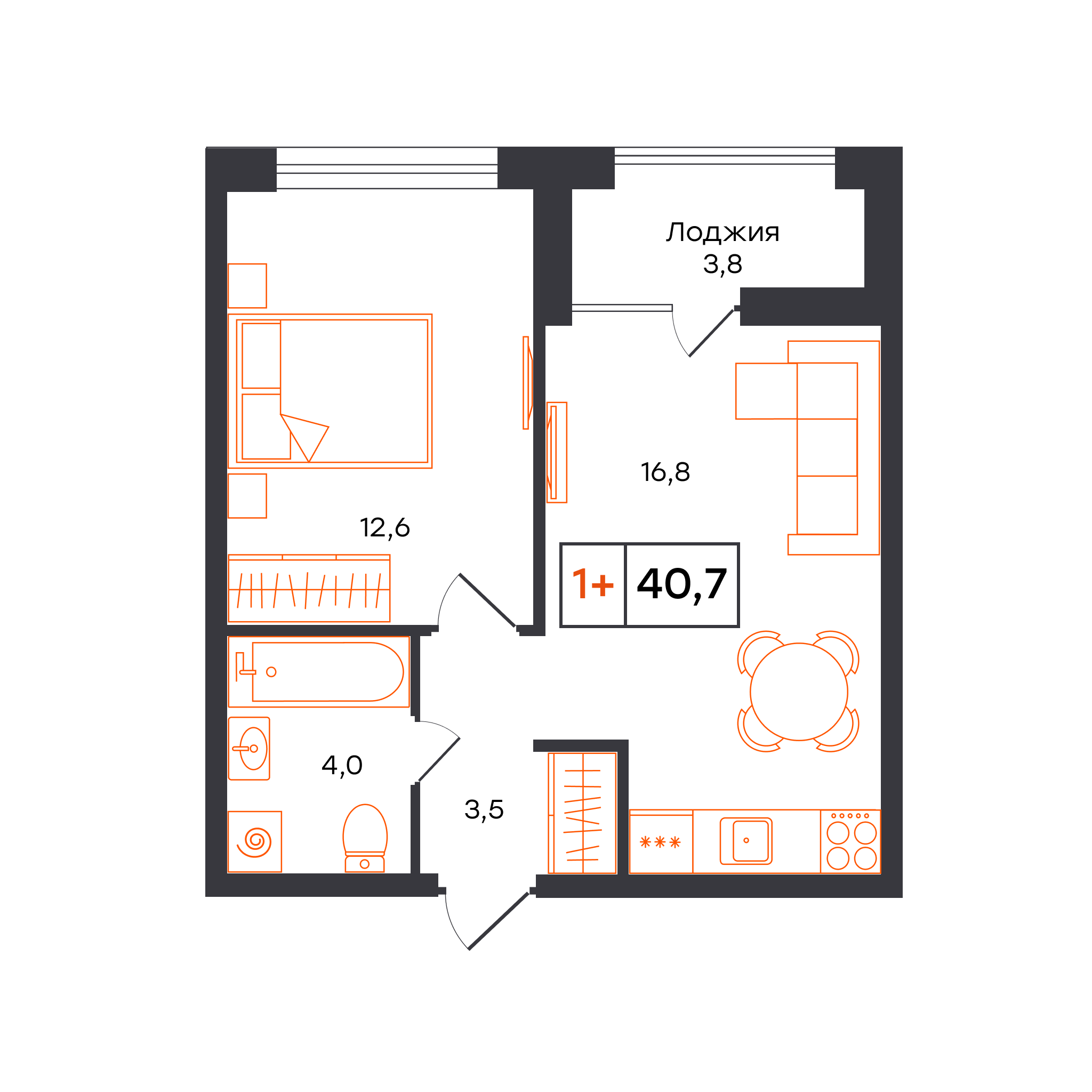 Планировка: Евродвушка 40.7 м² в ЖК Умный квартал UNO, Московский тракт