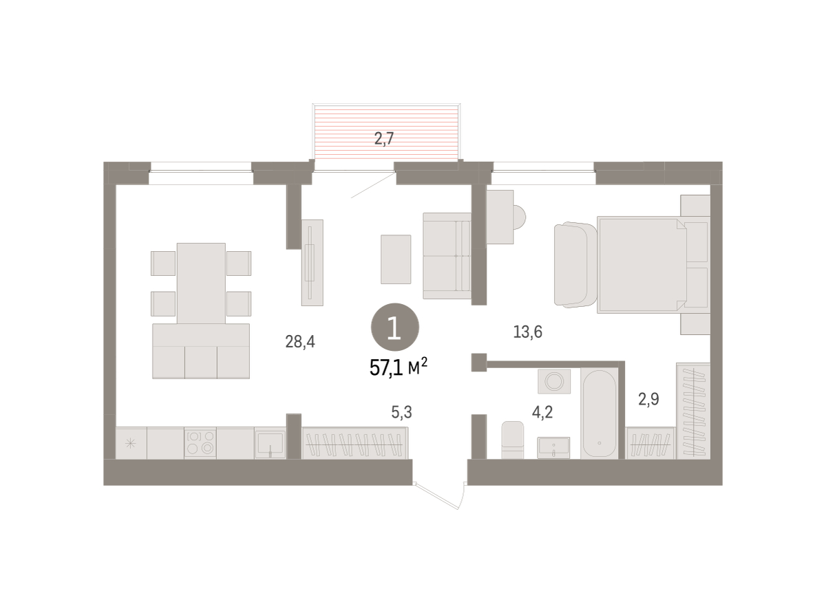 Планировка: Евродвушка 57.1 м² в ЖК Речной порт, Центр: Дом печати