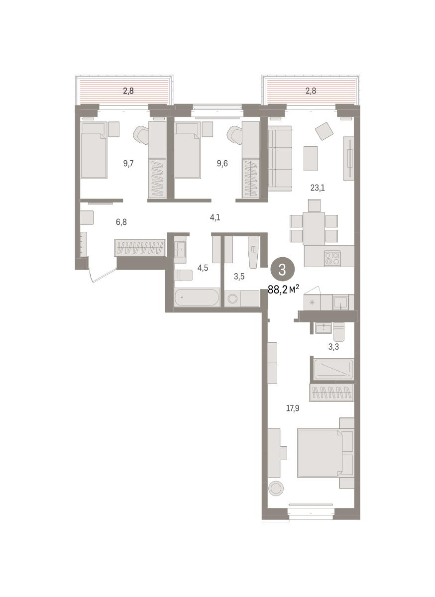 Планировка: 4-комнатная евро 88.2 м² в ЖК На Минской, Центр: Драмтеатр