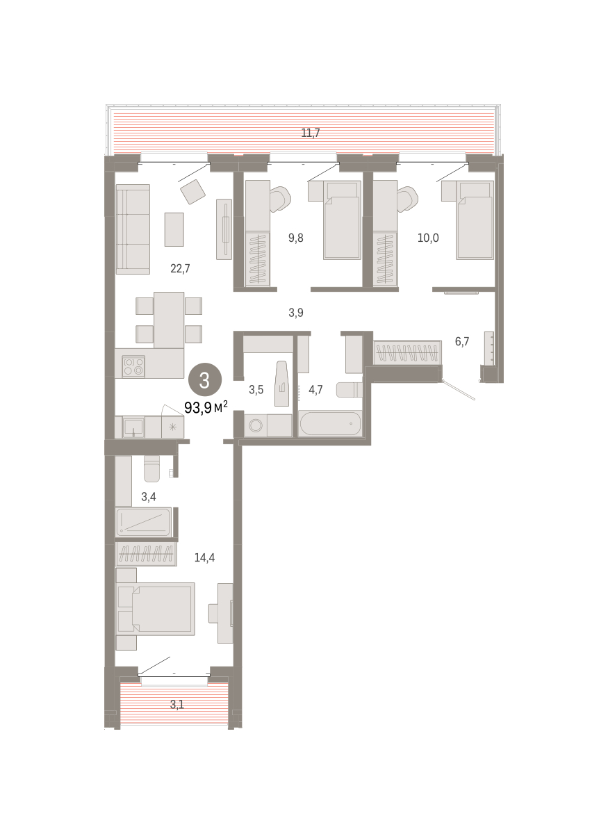 Планировка: 4-комнатная евро 93.9 м² в ЖК На Минской, Центр: Драмтеатр