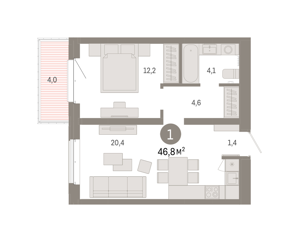 Планировка: Евродвушка 46.8 м² в ЖК На Минской, Центр: Драмтеатр