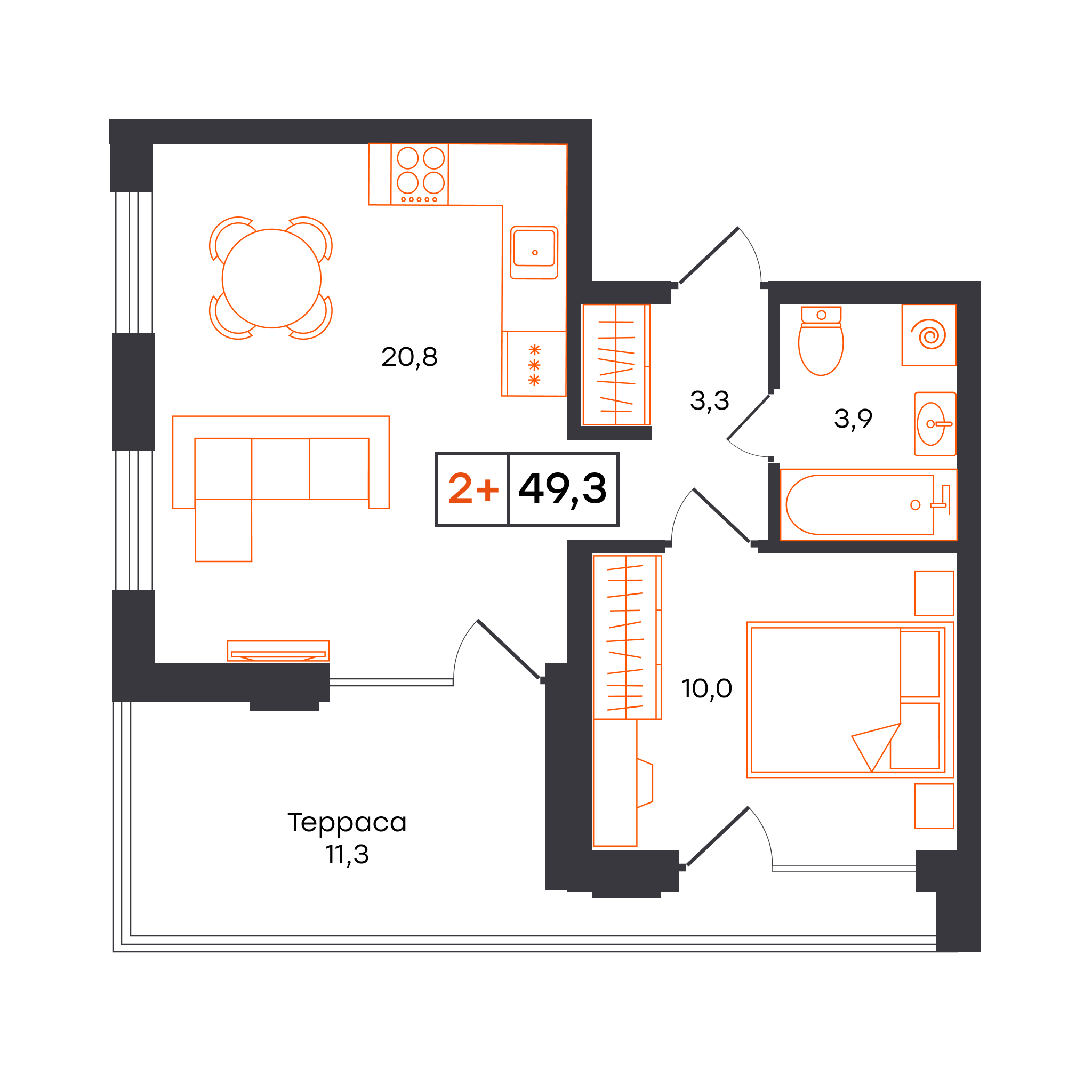 Планировка: Евродвушка 49.3 м² в ЖК Умный квартал UNO, Московский тракт