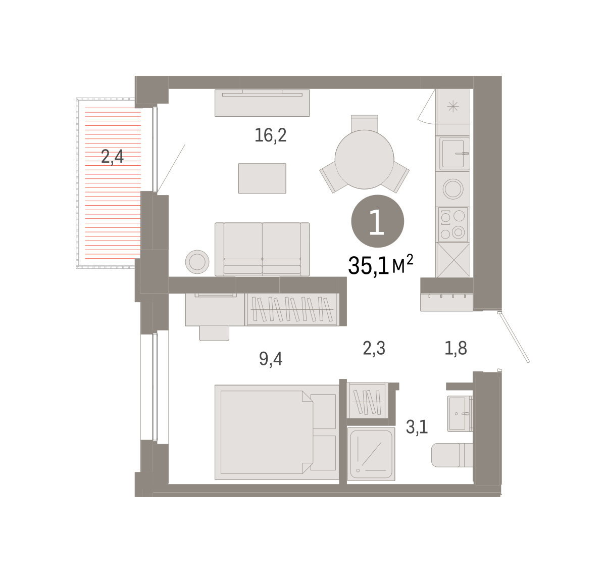 Планировка: 1-комнатная 35.1 м² в ЖК Зарека, Заречный
