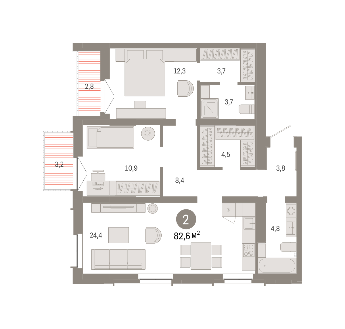 Планировка: Формат уточняется 82.5 м² в ЖК Республики 205, Центр: КПД