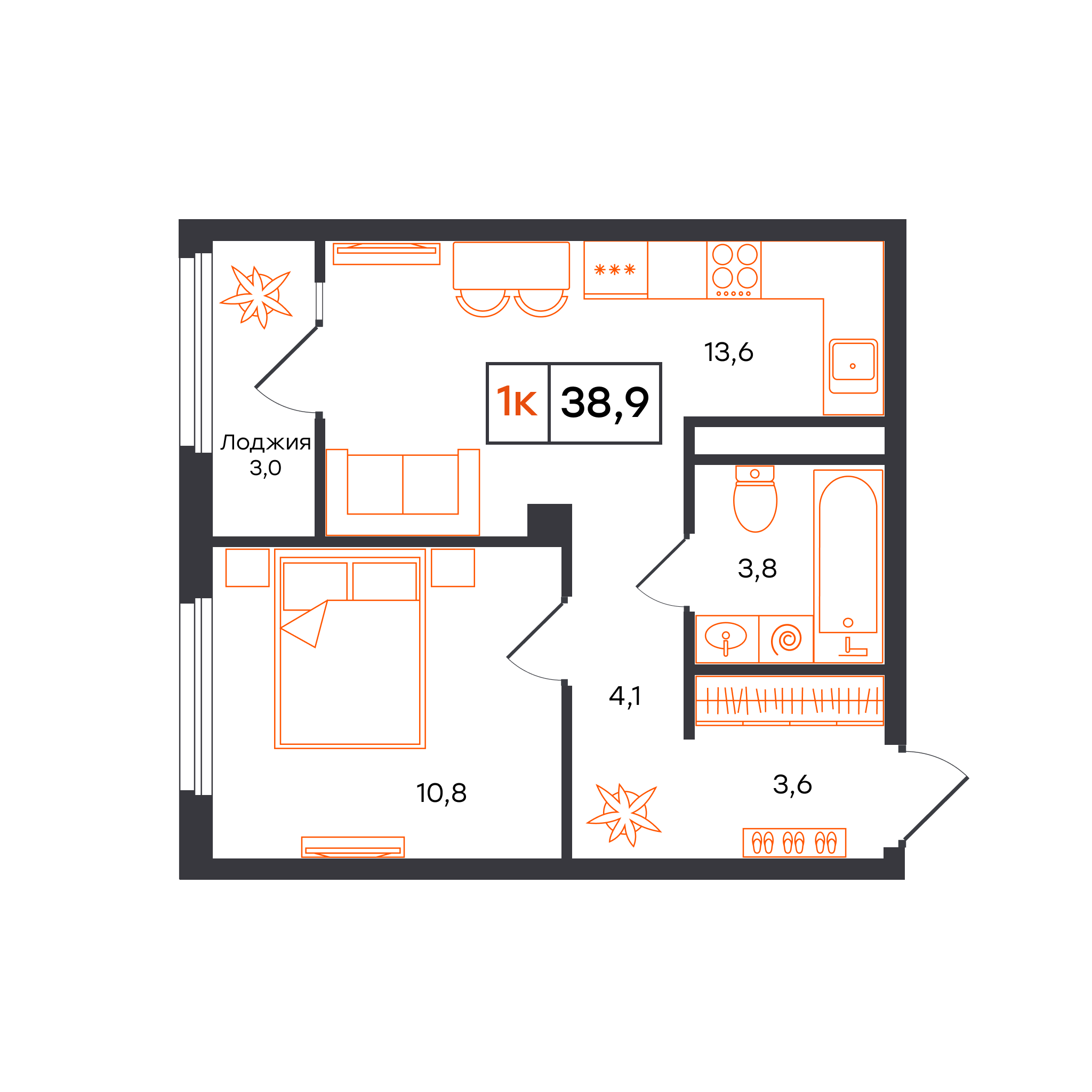Планировка: Евродвушка 38.9 м² в ЖК Отличие, Комарово Парк