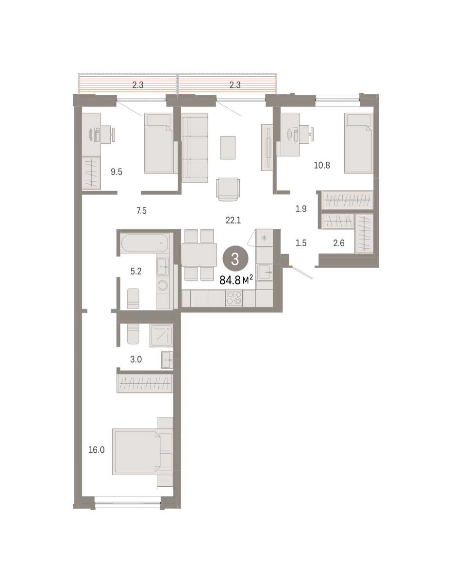 Планировка: 4-комнатная евро 84.8 м² в ЖК Октябрьский на Туре, ДОК