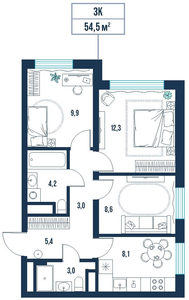 Планировка: Формат уточняется 54.5 м² в ЖК AIRIS, Комарово Парк