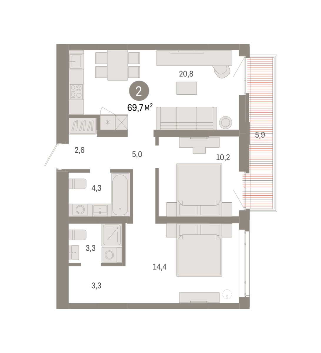 Планировка: Евротрешка 69.8 м² в ЖК Республики 205, Центр: КПД