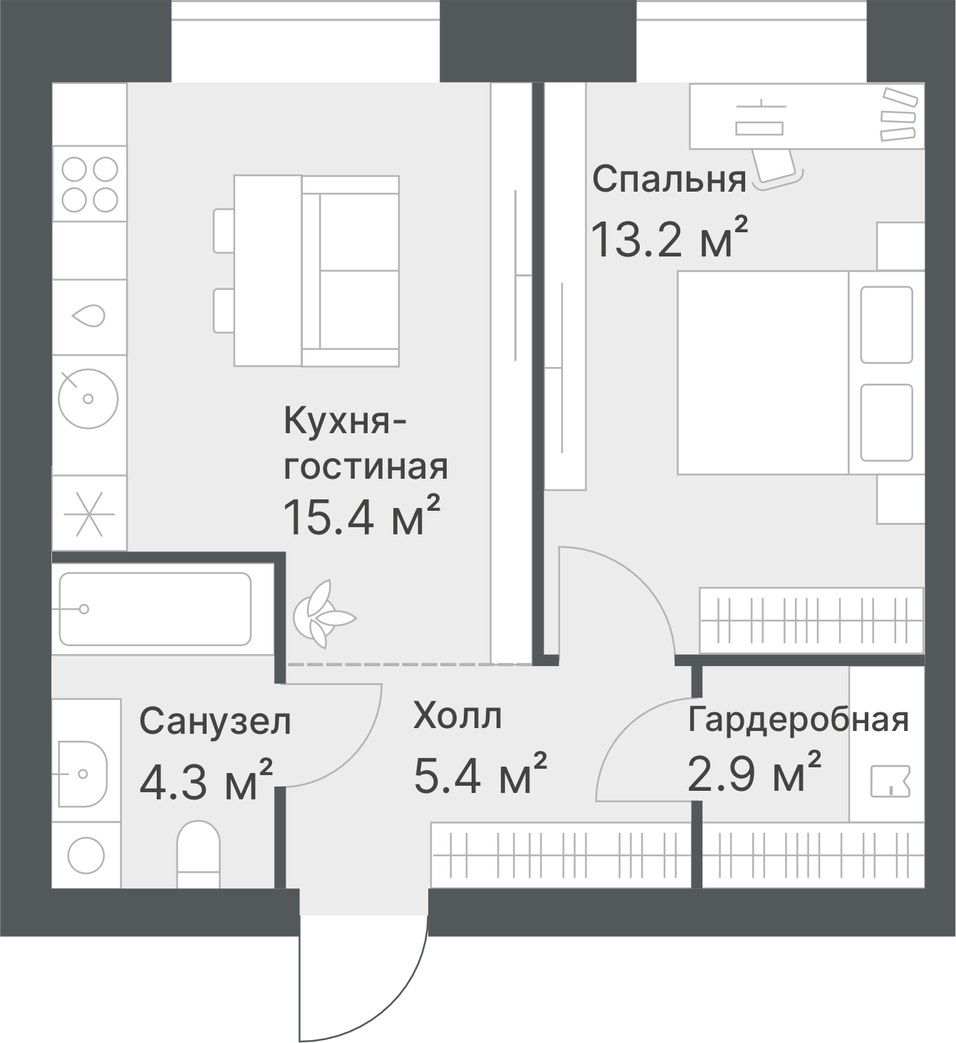 Планировка: Евродвушка 41.2 м² в ЖК Дружеский, Плеханово
