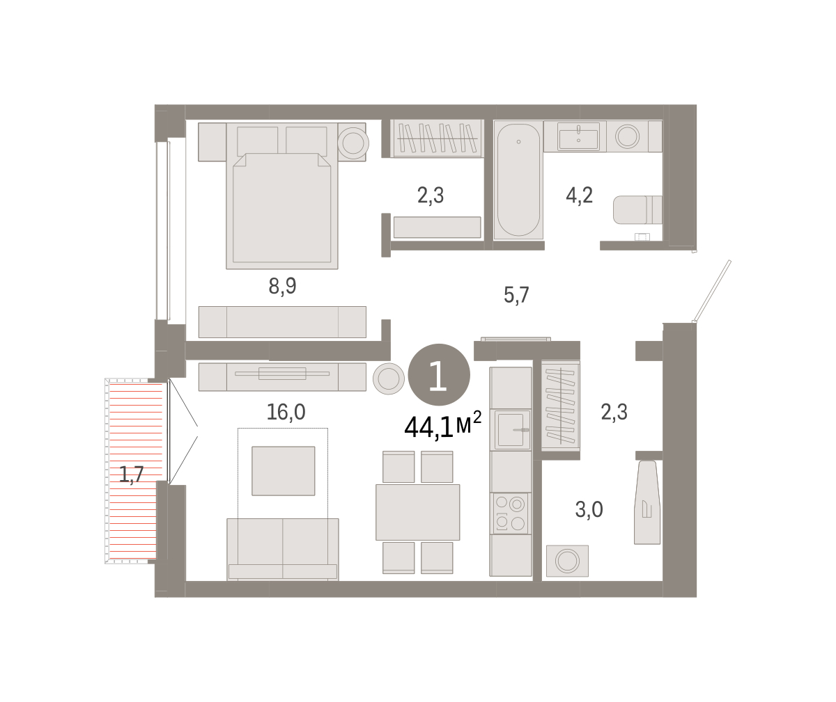 Планировка: Формат уточняется 44.1 м² в ЖК Республики 205, Центр: КПД
