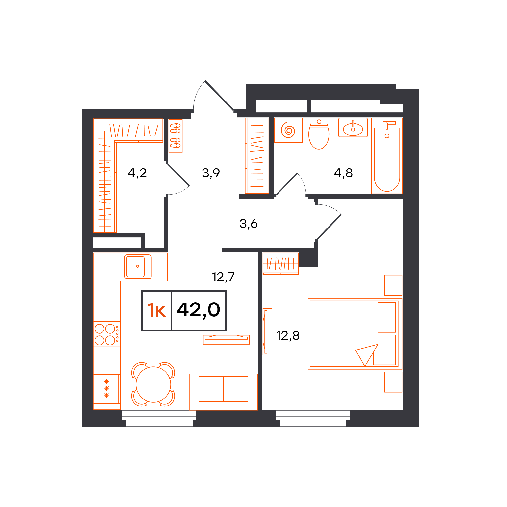 Планировка: 1-комнатная 42 м² в ЖК Отличие, Комарово Парк
