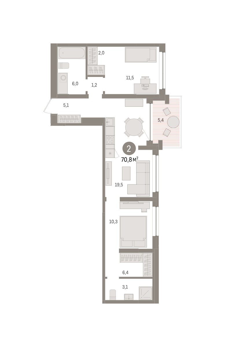 Планировка: Евротрешка 70.7 м² в ЖК Дом у озера, Европейский