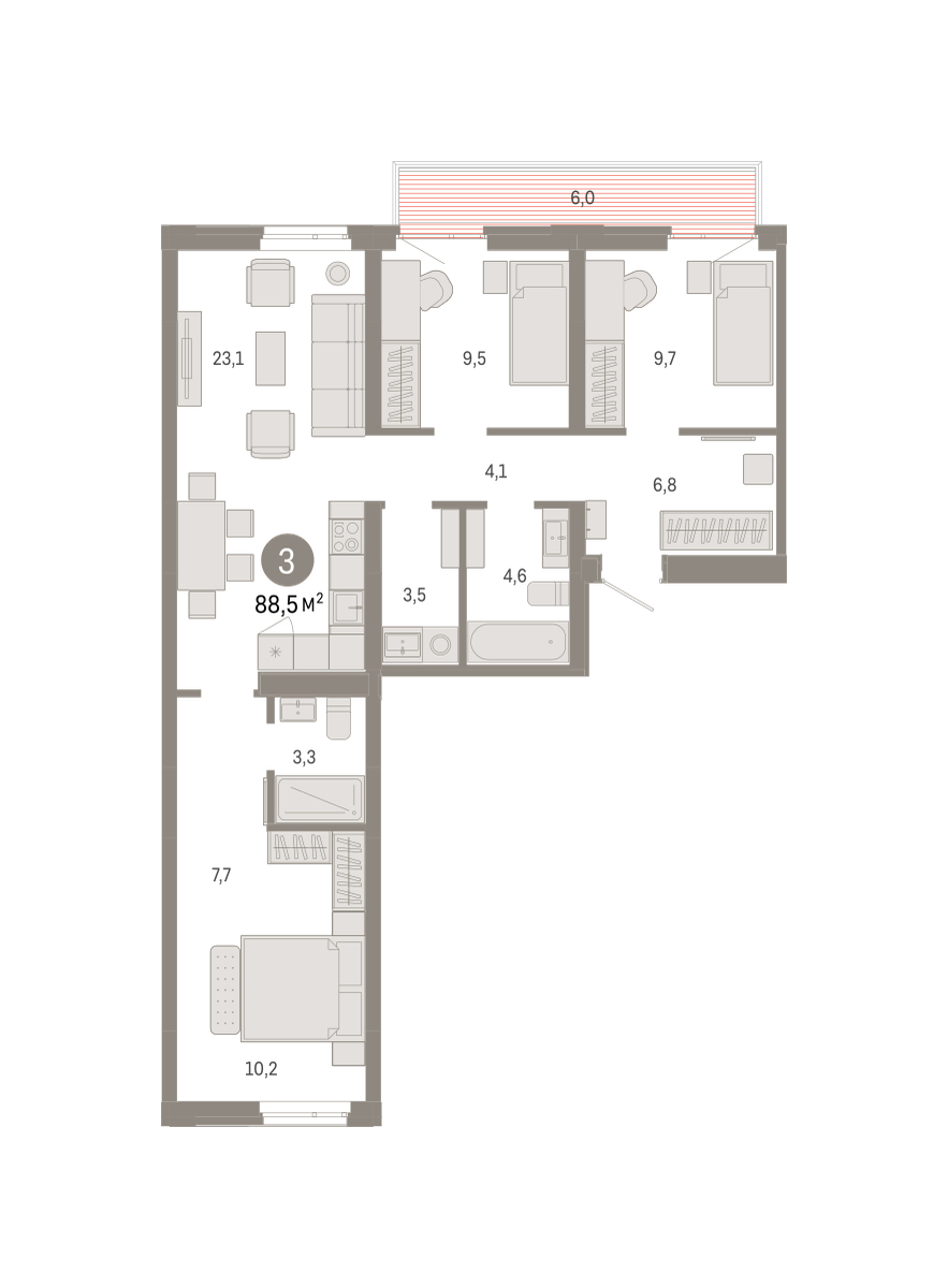 Планировка: 4-комнатная евро 88.5 м² в ЖК Республики 205, Центр: КПД