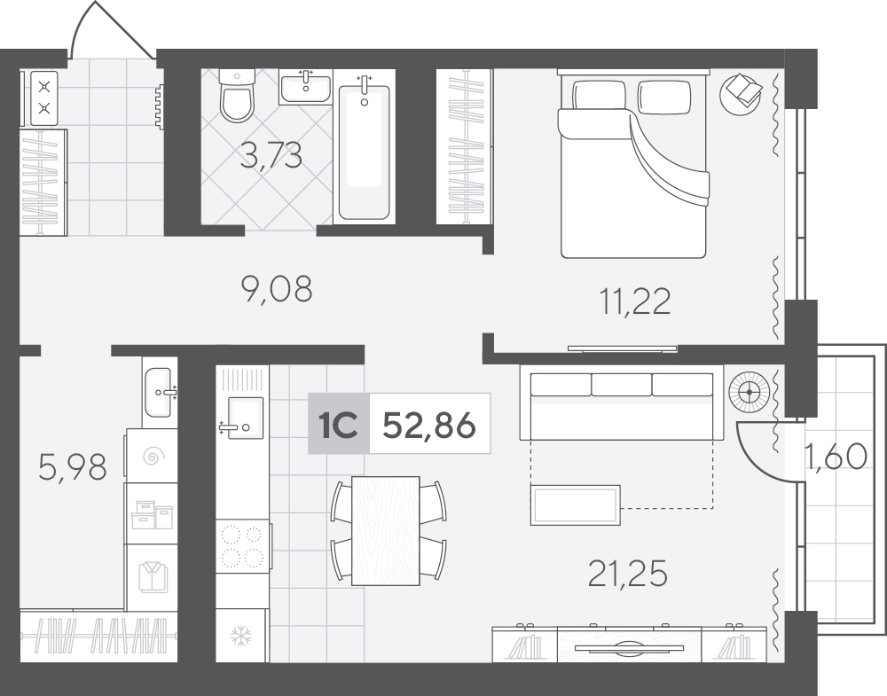 Планировка: Евродвушка 52.9 м² в ЖК Скандиа. Квартал в Комарово Парк, Комарово Парк