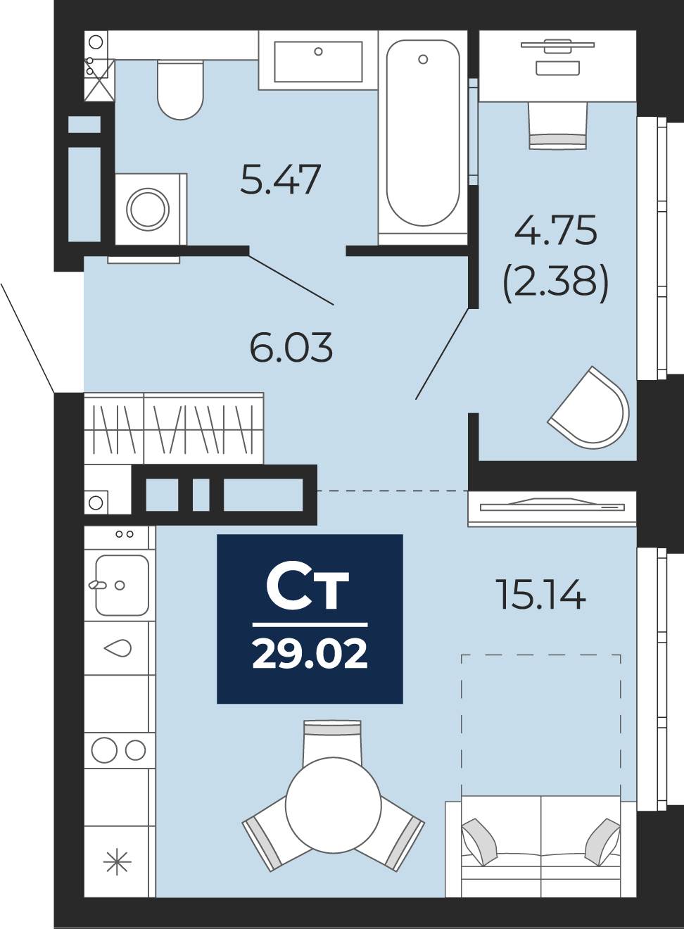 Планировка: Студия 26.6 м² в ЖК Беринг, Лесобаза